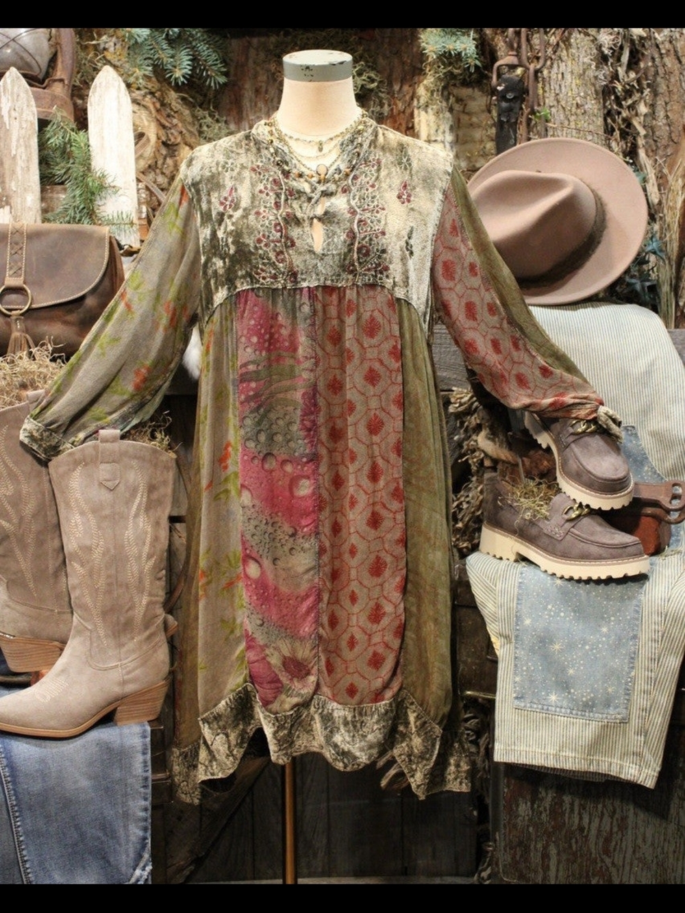 Boho Velvet Patchwork Tunic Dress in Olive & Rose